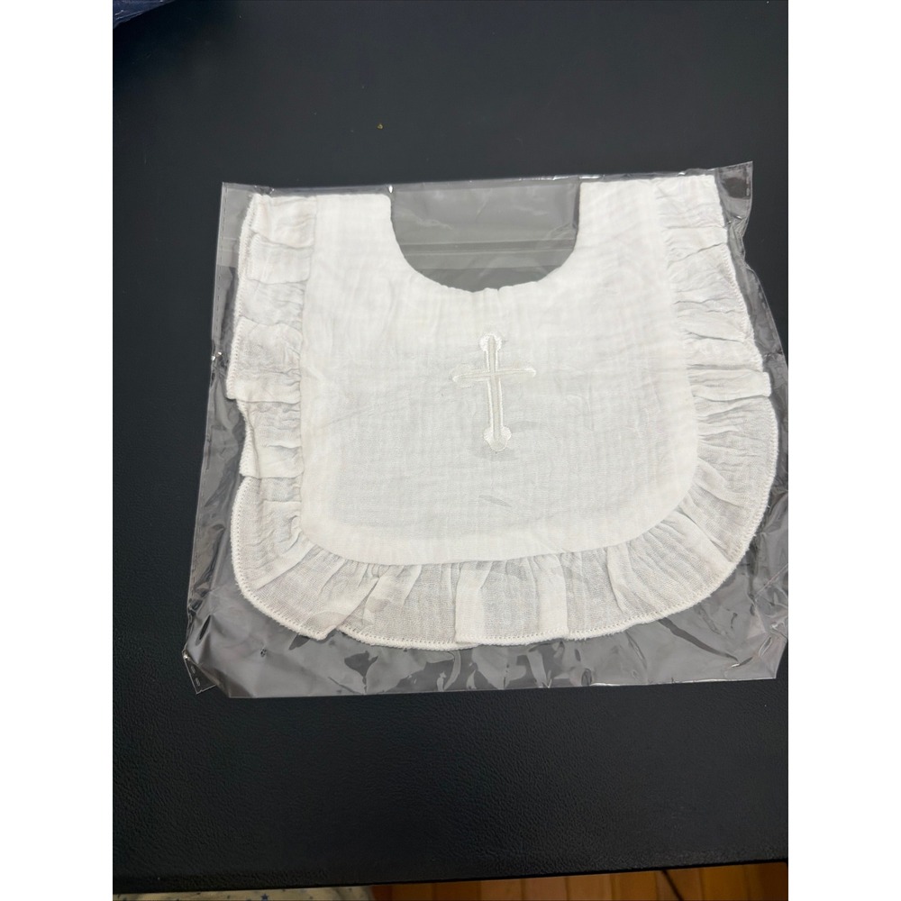 Ruffle Muslin Bib Kids OS White Modern Baptism Cross Embroidery